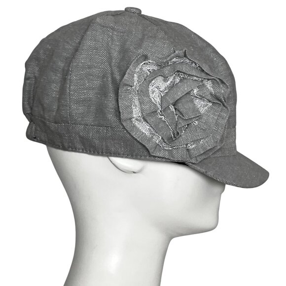 Vintage Y2K Grey 3D Flower Newsboy Cap Hat 100% Cotton D&Y Elastafit Stretch - Picture 6 of 9